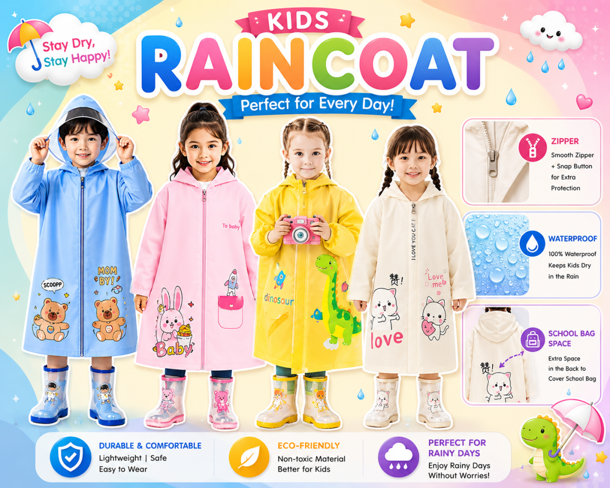 Kids Cartoon Waterproof Raincoat with School Bag Space & Zipper | Children's Hooded Raincoat |